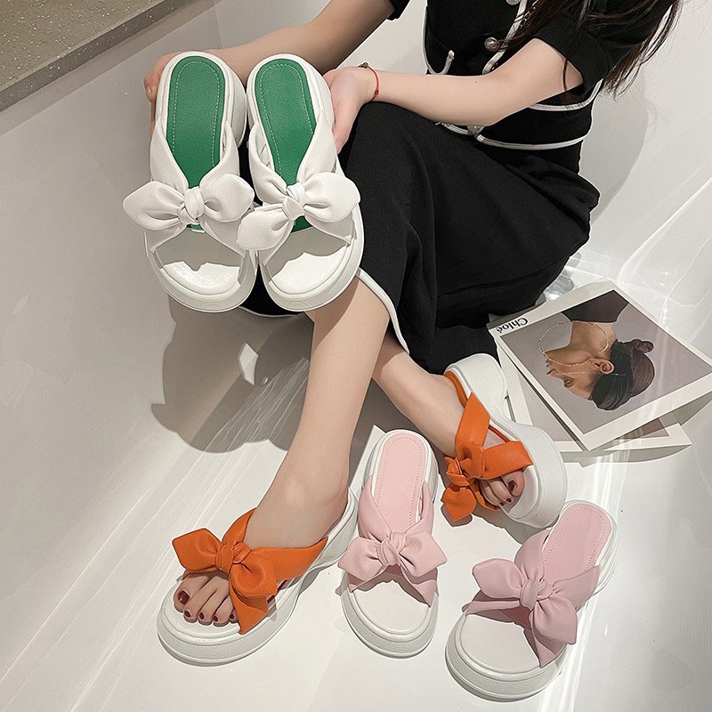 renben-รองเท้าแตะผู้หญิงโบว์แบนเวอร์ชั่นเกาหลีของนางฟ้าสุทธิสีแดงรองเท้าแตะสไตล์ร้อนและรองเท้าแตะ