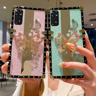 เคสโทรศัพท์มือถือ ทรงสี่เหลี่ยม ลายผีเสื้อ พร้อมกระจก และสายคล้องข้อมือ สําหรับ Xiaomi Redmi Note 12 4G 11 Pro 5G 11s 10 10s 9 8 Pro