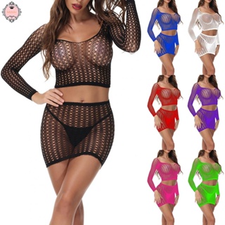 Women Long-Sleeve Mesh Perspective Fishnet Crop Bodysuit Top T Shirt Skirt Set