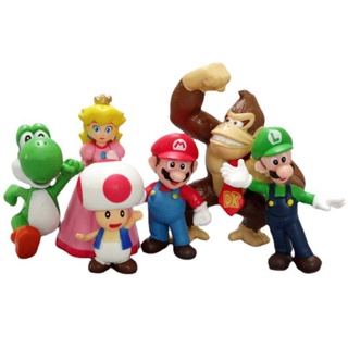 โมเดลฟิกเกอร์ Super Mario Bros Kawaii Game Mario Luigi Donkey Kong Mushroom ของเล่นสําหรับเด็ก 6 ชิ้น ต่อชุด