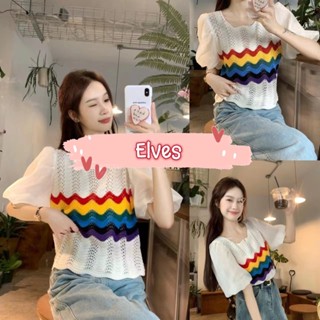 Elves✨พร้อมส่ง✨ เสื้อถักไหมพรมแขนเสื้อชีฟอง ลายทางสีรุ้งคอหยัก  ~C632-1~ -C