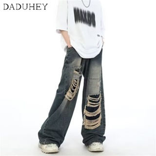 DaDuHey🔥 Hong Kong Style Ins Hip Hop Trend Baggy Straight Casual Pants Mens and Womens 2023 New Summer Retro High Street High Waist Loose All-Match Ripped Jeans