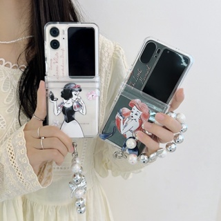 เคสโทรศัพท์มือถือ PC แข็ง แบบใส กันกระแทก ลายการ์ตูนเจ้าหญิงน่ารัก พร้อมสายโซ่คล้อง สําหรับ Oppo Find N2 Flip Case 3in1