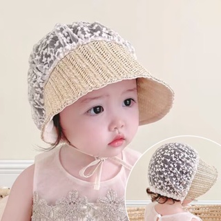 หมวกฟางกันแดด แต่งลูกไม้ แบบนิ่ม ระบายอากาศได้ดี แฟชั่นฤดูร้อน สไตล์เจ้าหญิง สําหรับเด็กวัยหัดเดิน อายุ 3-24 เดือน