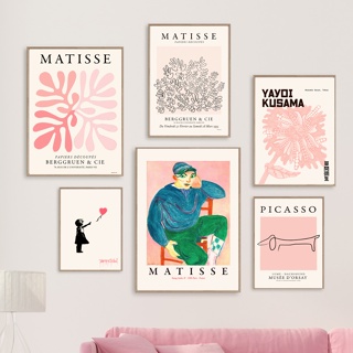 โปสเตอร์ภาพวาดผ้าใบ ลาย Pink Matisse Banksy Yayoi Kusama Picasso สไตล์นอร์ดิก สําหรับตกแต่งผนัง ห้องนั่งเล่น