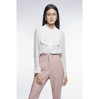 ESPADA เสื้อเบลาส์แต่งระบาย ผู้หญิง สีขาว | Long Sleeve Blouse with Ruffle Detail | 4709