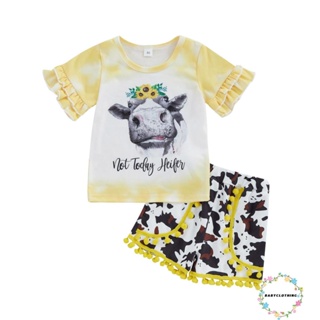 Babyclothes- ชุดเสื้อยืด แขนสั้น พิมพ์ลายหัววัว และกางเกงขาสั้น แบบยืดหยุ่น แฟชั่นฤดูร้อน สําหรับเด็กผู้หญิง 2 ชิ้น