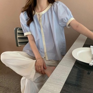 เสื้อเชิ้ตลําลอง คอกลม แขนพัฟ ทรงหลวม สไตล์เกาหลี สําหรับผู้หญิง