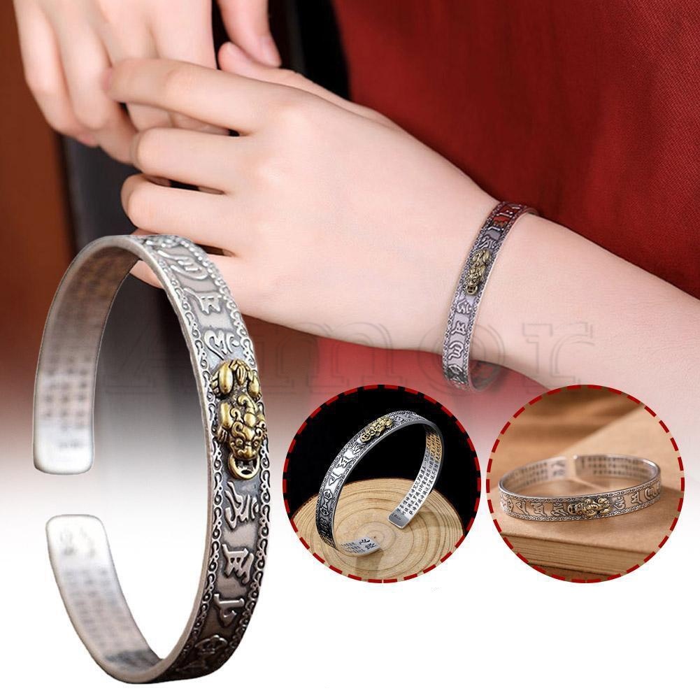 women-girls-charm-bangle-bracelet-alloy-silver-vintage-ladies-fortune-luck-zhaocai-pixiu-jewellery-accessories-six-character-truth-open-adjustable