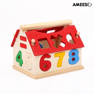 Ameesi บล็อคตัวต่อไม้ รูปบ้านเลข DIY ของเล่นเสริมการเรียนรู้ สําหรับเด็ก