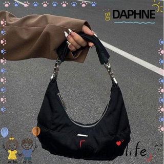 Daphne กระเป๋าสะพายไหล่ ผ้ากํามะหยี่ รูปดวงจันทร์ สีดํา สไตล์เรโทร สําหรับผู้หญิง