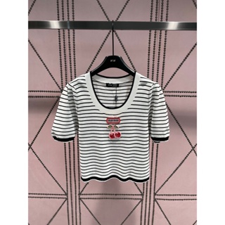 BWEN MIU MIU 2023 spring and summer new letter embroidery cherry logo decorative stripes color matching knitted short sleeve fashion all-match