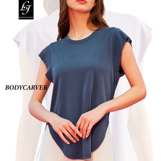 Bodycarver Modal เสื้อยืดกีฬา ผู้หญิง วงกลม ชายเสื้อโค้ง แขนสั้น โยคะ วิ่ง ฟิตเนส เสื้อกั๊ก ผ่าข้าง