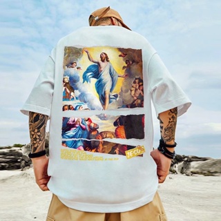 M-8XL European and American style retro oil painting Jesus print round neck short-sleeved t-shirt men and women tre_03