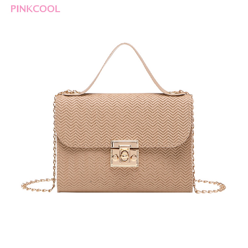 pinkcool-กระเป๋าถือ-กระเป๋าสะพายไหล่-สะพายข้าง-หนัง-pu-ลายนูน-แต่งสายโซ่คล้อง-แฟชั่นสําหรับสตรี