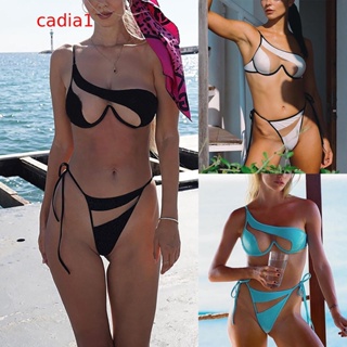 Cadia* ชุดว่ายน้ําบิกินี่ เปิดไหล่ข้างเดียว เซ็กซี่ สีพื้น สองชิ้น แฟชั่นสําหรับผู้หญิง