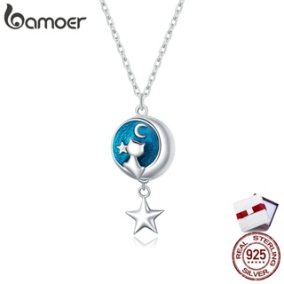 bamoer Genuine 925 Sterling Silver GeometricMoon &amp; Cat Pendant Necklace for Women Lover Couple Jewelry Gift 45cm SCN422