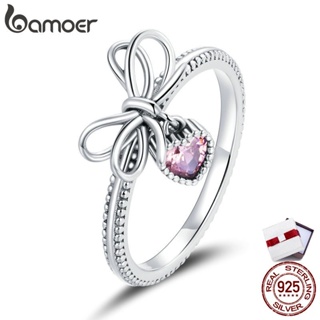 bamoer 925 Sterling Silver Gift with Bow Finger Rings for Women Vintage Retro Stackable Rings Band Silver Fine Jewelry SCR682