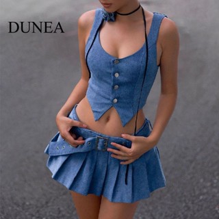 Dunea ชุดเสื้อคอวี กระดุมแถวเดียว กระโปรงพลีท ขนาดเล็ก สําหรับผู้หญิง