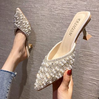 🌟รองเท้าขี้เกียจ🌟แฟชั่นเกาหลี ส้นสูงแหลม เปิดนิ้วเท้า💕 ส้นสูง6cm, size 34-39,รองเท้าแตะ Rhinestone