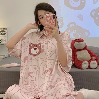 Summer new ice silk cartoon ladies nightdress Womens summer strawberry bear sexy sweet short-sleeved pajamas dress