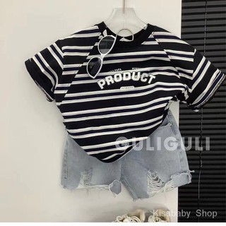 เสื้อยืดแขนห้าส่วน ทรงหลวม ลายทาง แฟชั่นฤดูร้อน สไตล์เกาหลี สําหรับเด็กผู้ชาย และเด็กผู้หญิง