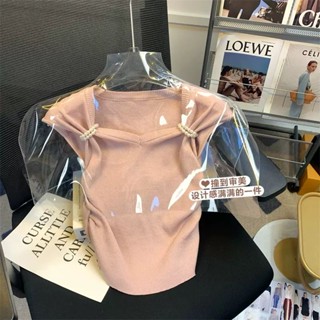 ไข่มุกขมวด มัดสาวเสื้อยืด 2023 สาวฮอตหวานรับซัมเมอร์ ชมพู่ แคนไหล่ กระทบไหล่สั้น