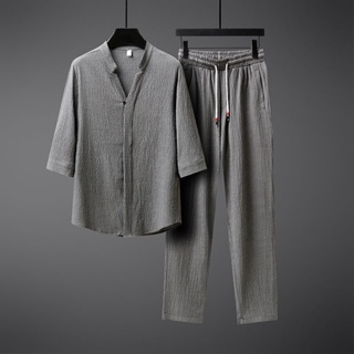 ชุดเซทผู้ชาย ชุดเซต 2 ชิ้น เสื้อ กางเกงสีพื้น เอวยางยืด ชุดเซ็ตผู้ชายสไตล์เกาหลี