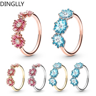 Dinglly แหวนหมั้นแต่งงาน รูปดอกเดซี่ สีชมพู สีทอง สีเงิน สีโรสโกลด์ สําหรับผู้หญิง และผู้ชาย 3 ชิ้น