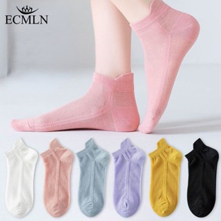 Ecmln ถุงเท้าข้อสั้น ปากตื้น ระบายอากาศ สีพื้น แฟชั่นฤดูร้อน สําหรับผู้หญิง