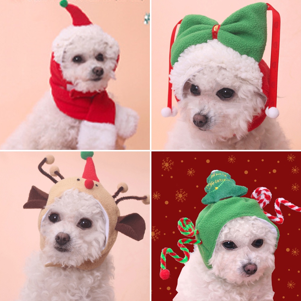 หมวกคริสต์มาสและผ้ากันเปื้อนซานต้า-แต่งตัวแมว-แต่งตัวสุนัข-เสื้อผ้าสัตว์เลี้ยง-ชุดเทศกาล
