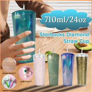 24oz 710ml Starbucks Limited Tumbler Color Aurora ขวดน้ำพลาสติกแบบใช้ซ้ำได้พร้อมฝาปิดและชุดแปรงฟาง -FE