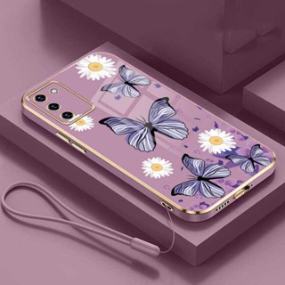 เคสโทรศัพท์มือถือ ยางเคลือบเงา กันกระแทก ลายผีเสื้อ ดอกไม้ พร้อมสายคล้อง สําหรับ Samsung A51 A31 A21s A11 A01 A50 A50s Galaxy A30s A30 A20 A20s A10 A10s