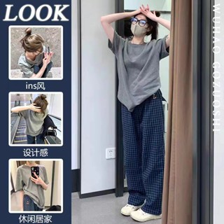 เสื้อยืดแขนสั้นลําลอง ผ้าฝ้าย 100% สีเทา และกางเกงลําลอง ทรงหลวม แนวตรง แฟชั่นสําหรับสตรี