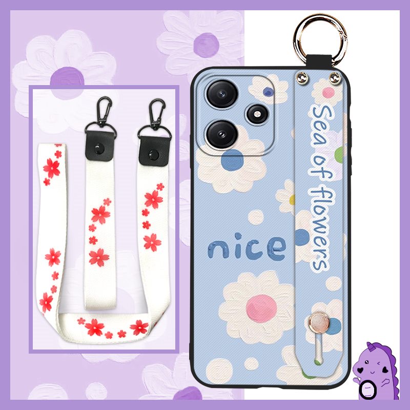 durable-shockproof-phone-case-for-redmi-note12r-oil-painting-lanyard-back-cover-flower-waterproof-silicone-dirt-resistant