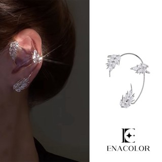 Enacolor สวยหรู เรียบง่าย กระดูกอ่อนปลอม ต่างหูยาว เครื่องประดับ ของขวัญ เต็มคริสตัล เพทาย ขนนก คลิปหูผู้หญิง