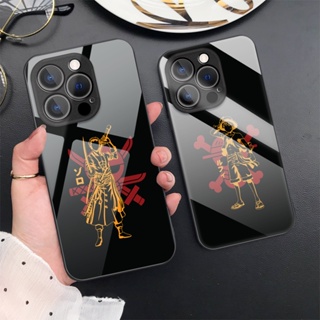 เคสโทรศัพท์มือถือกระจกนิรภัย แบบแข็ง ป้องกันเลนส์ ลายการ์ตูนอนิเมะ One Piece ยอดนิยม สําหรับ iPhone 14 Pro Max 13 11 12 X XR XS 7 8 SE 2020