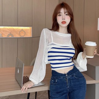 เสื้อแจ็กเก็ตถัก ป้องกันแดด ลายทาง ฉลุลาย สองชิ้น เหมาะกับฤดูร้อน สําหรับผู้หญิง QZCK