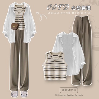 Spring suit womens 2023 new plus-size casual shirt knitted vest waist and wide legs trousers three-piece fashion