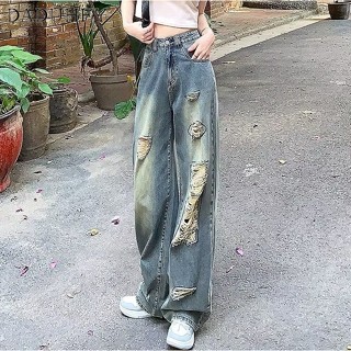 DaDuHey🎈 Korean Style Retro Wide Leg Jeans Womens Summer New High Waist Loose Drooping Straight Fashion Casual Mop Pants