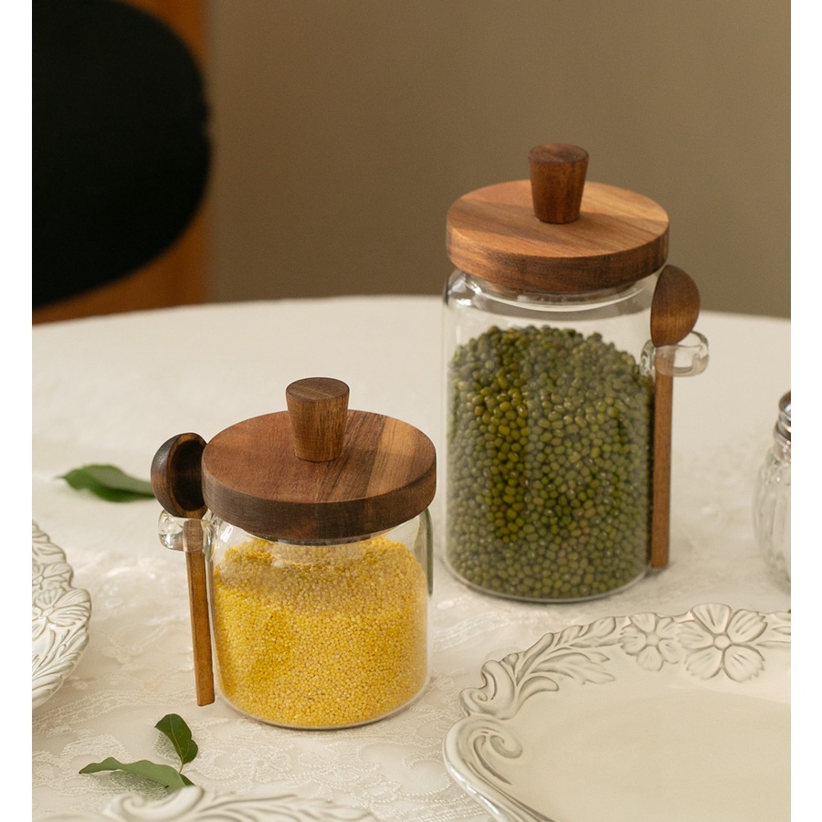 HERA ขวดโหลแก้ว ขวดใส่เครื่องปรุง พร้อมช้อน ฝาปิดไม้ Glass Seasoning ...