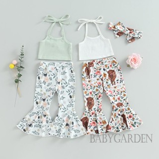 Babygarden-6 เดือน - 4 ปี ชุดเสื้อผ้าเด็กผู้หญิง, เสื้อกั๊กผูกคอ + กางเกงขาบาน พิมพ์ลายวัว + ที่คาดผม ฤดูร้อน