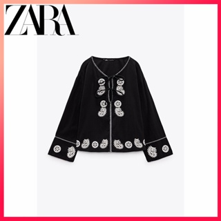 Zara ใหม่ เสื้อเชิ้ต ผ้าฝ้าย ปักลาย สีดํา สําหรับผู้หญิง