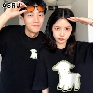 ASRV เสื้อยืด Tide แบรนด์เสื้อยืดแขนสั้นพิมพ์ลายแนวสตรีทสำหรับคู่รักชายและหญิงคอกลมสีดำหลวมขนาดใหญ่