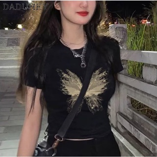 DaDuHey🎈 Short Top Butterfly Pattern Korean Style Top Womens New Short Sleeve Slim Bottomming Fashion Short Sleeve