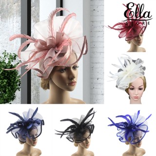 Ellastore123 หมวกตาข่าย ประดับโบว์ ขนนก พร้อมกิ๊บติดผม หรูหรา สีพื้น สําหรับตกแต่งผม