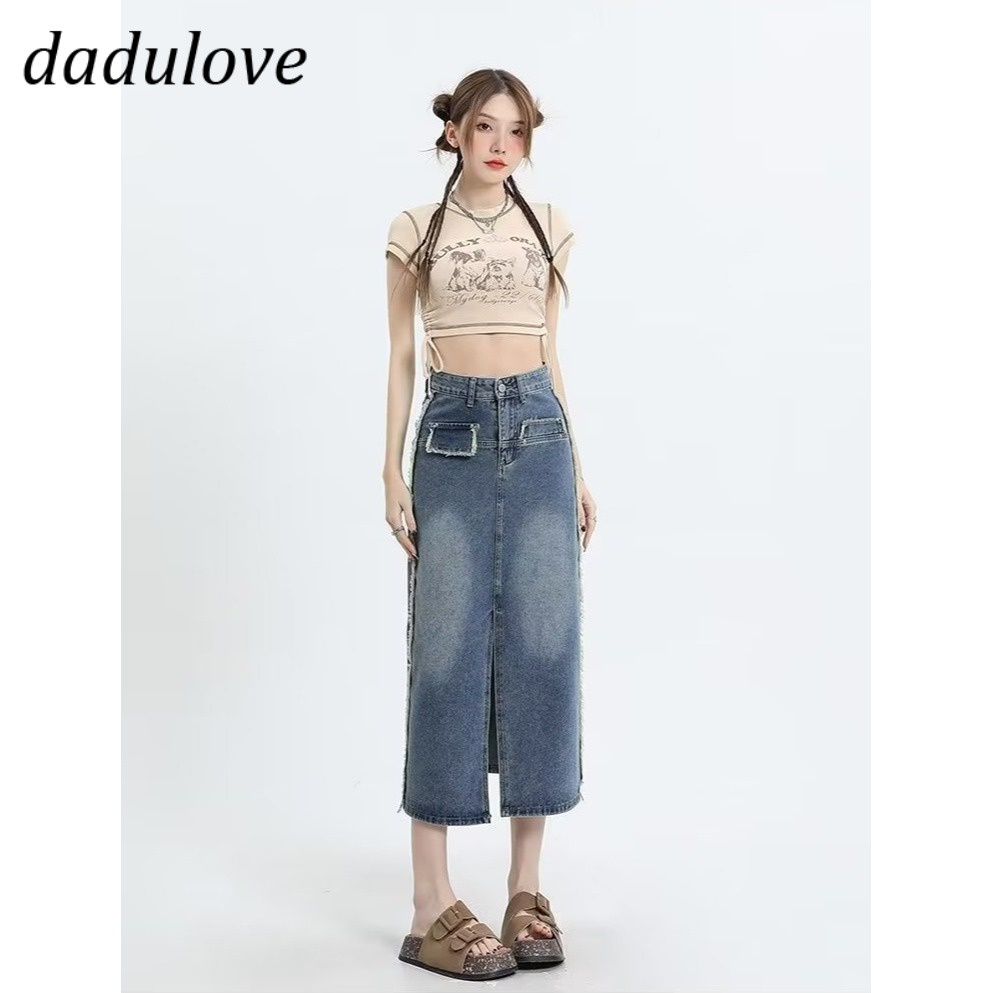 dadulove-new-korean-version-of-ins-retro-washed-denim-skirt-niche-slit-high-waist-a-line-skirt-bag-hip-skirt