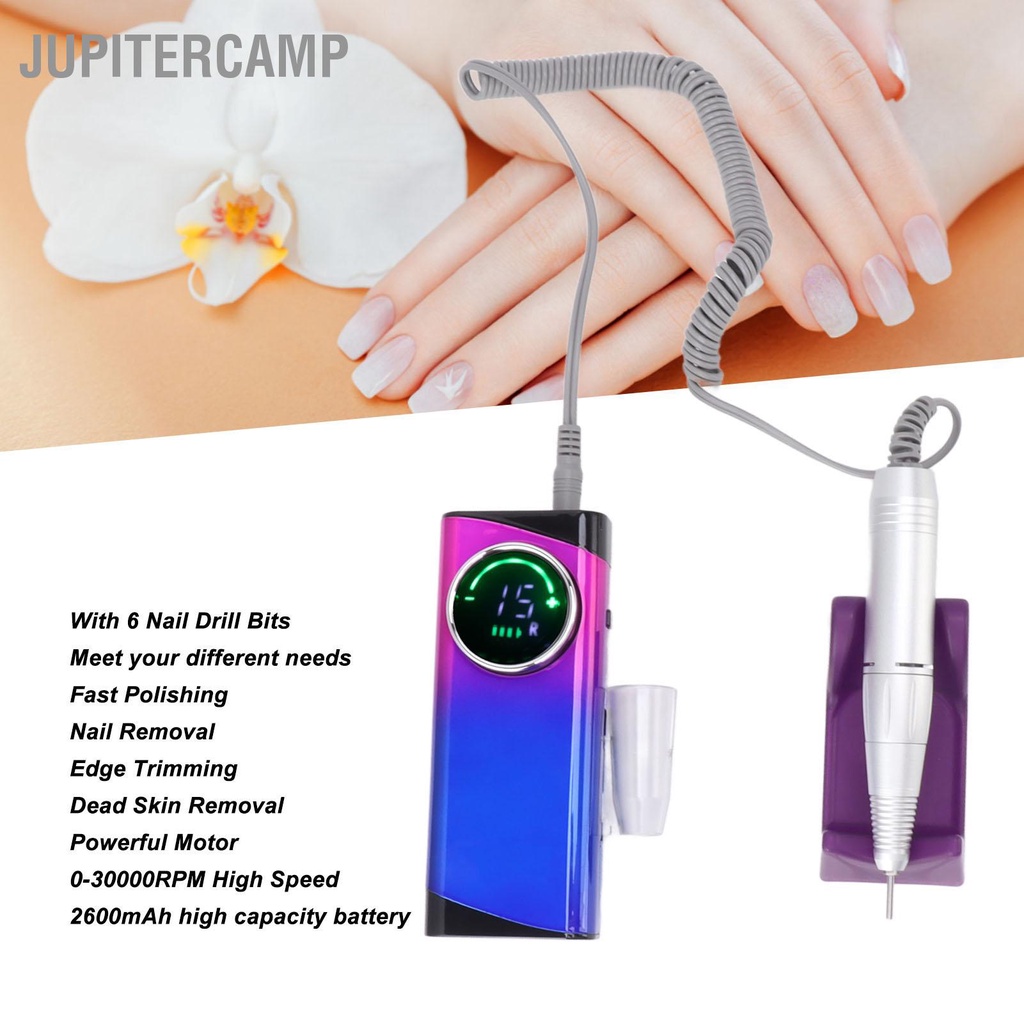 jupitercamp-เครื่องขัดเล็บไฟฟ้า-30000rpm-usb-ชาร์จ-2600mah-ชุดตะไบเล็บพร้อมดอกสว่านเล็บ-6-ดอก