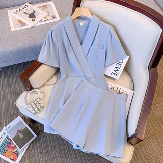 Suit collar dress 2023 new small plus size chubby sister advanced casual shorts two-piece set
