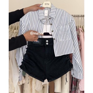 Large size womens summer suit womens 2023 new skinny vest striped shirt high waist shorts